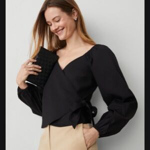 NWT Ann Taylor Black Tie-Front Wrap Blouse (Size M)